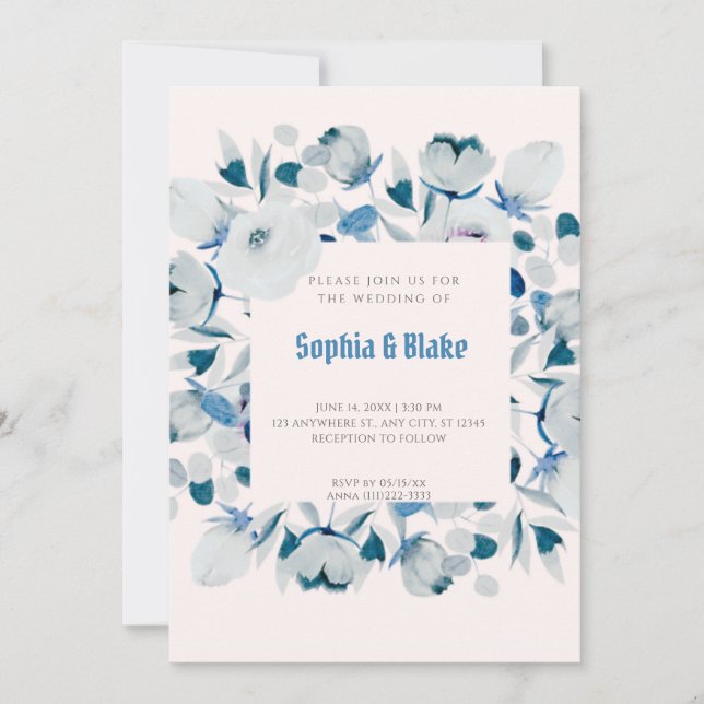 Convite Casamento Creme Floral Azul e Branco Moderno (Frente)