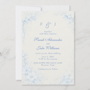 Convite Casamento Creme Floral Chinoiserie Azul
