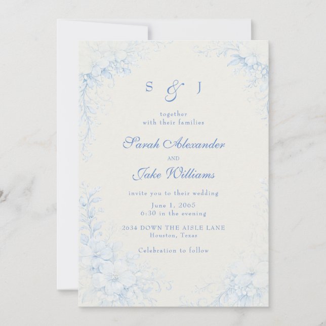 Convite Casamento Creme Floral Chinoiserie Azul (Frente)