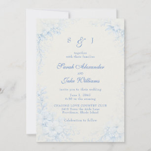 Convite Casamento Creme Floral Chinoiserie Azul