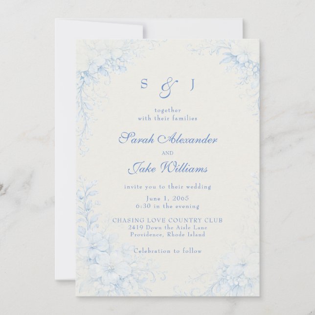 Convite Casamento Creme Floral Chinoiserie Azul (Frente)