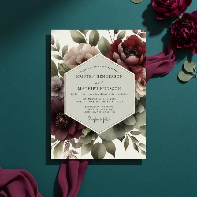 Convite Casamento Crepuscular Floral Borgonha (Criador carregado)