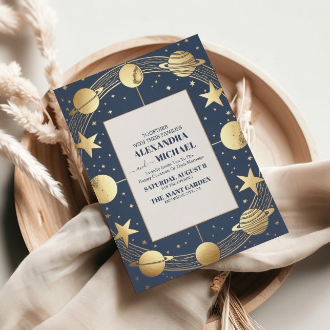 Convite Casamento Crescente Dourado da Marinha Celestial (Criador carregado)