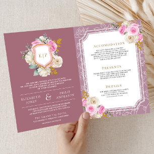 Convite Casamento Crest Floral Rosa Mauve Empoeirado Tudo 