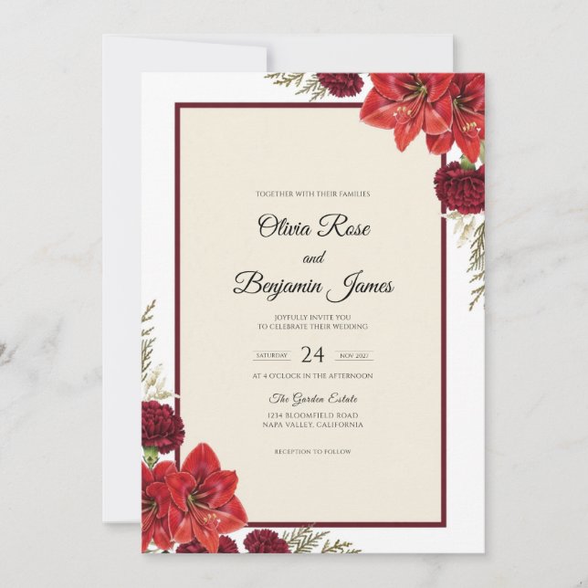 Convite Casamento Crimson Ruby Bloom (Frente)