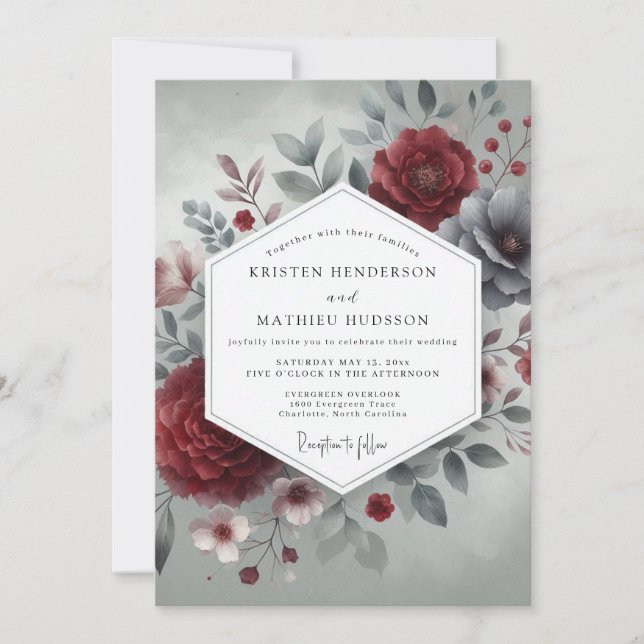 Convite Casamento Crimson Slate Bloom (Frente)