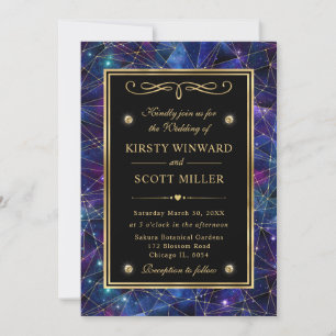 Convite Casamento Cristal Galáxia Meia-Noite Dourado e Rox