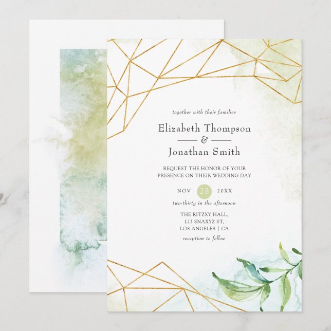 Convite Casamento Cristal Geométrico Aquarela (Frente/Verso)