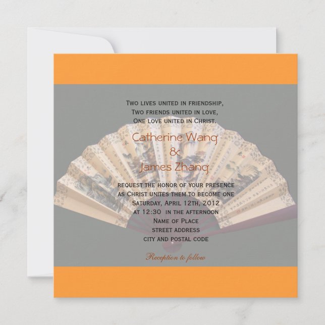 Convite Casamento cristão de bambu e fã de seda chinês (Frente)