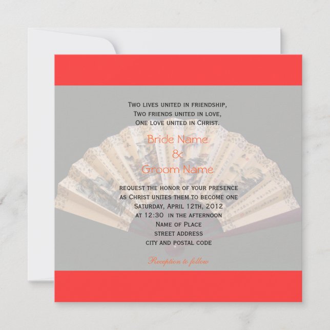 Convite Casamento cristão de bambu e fã de seda chinês (Frente)