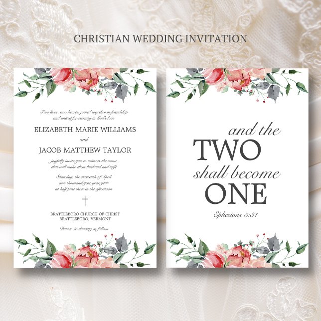 Convite Casamento Cristão de Flores Rosa Elizabeth Elegant (Christian wedding invitation with Bible verse on back.)