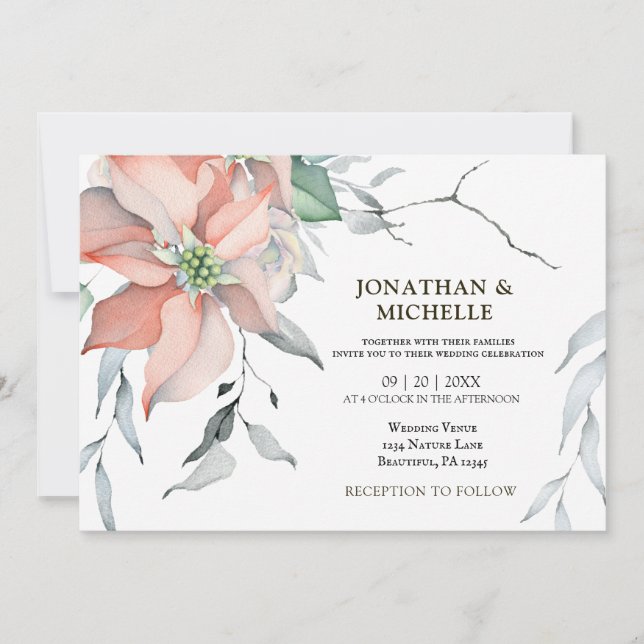 Convite Casamento Cristão de Poinsettia Rosa de Natal (Frente)