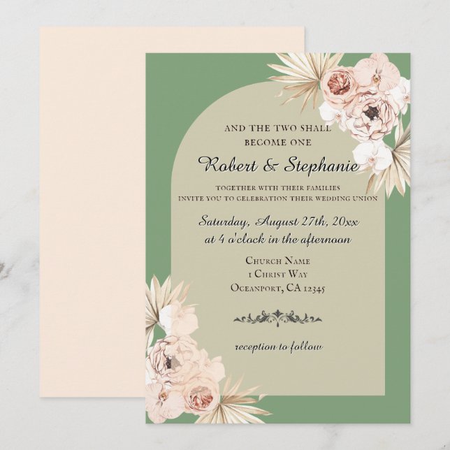Convite Casamento Cristão Elegante Boho de Primavera com P (Frente/Verso)