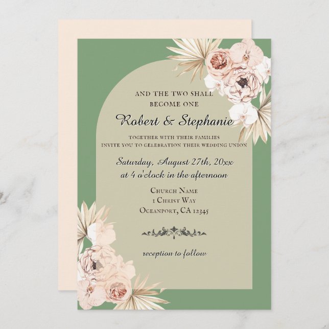 Convite Casamento Cristão Elegante Boho Primavera Peony (Frente/Verso)