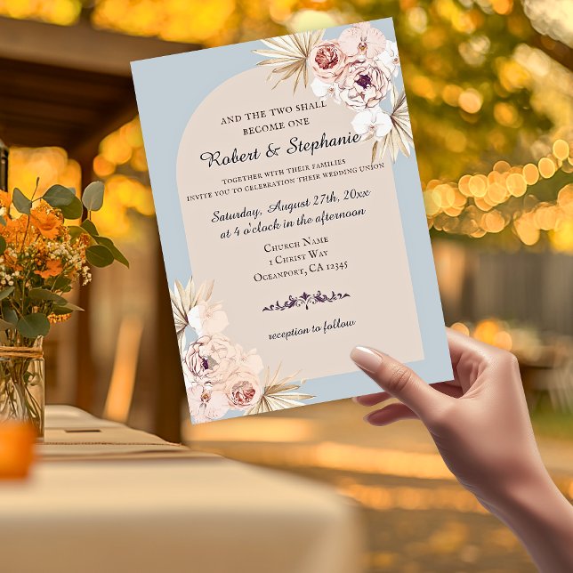 Convite Casamento Cristão Elegante Boho Primavera Peony (Two become one pink floral arched wedding invitations )