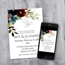 Convite Casamento Cristão Floral Azul Borgonha Cruz Dois S