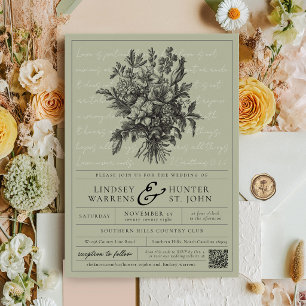 Convite Casamento Cristão Moderno em Verde Sage Floral Vin