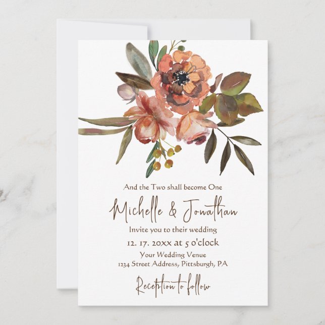 Convite Casamento Cristão Verde - Flores Cor-de-Rosa Laran (Frente)