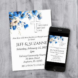 Convite Casamento Cruz Floral Azul Dois se Tornam Um