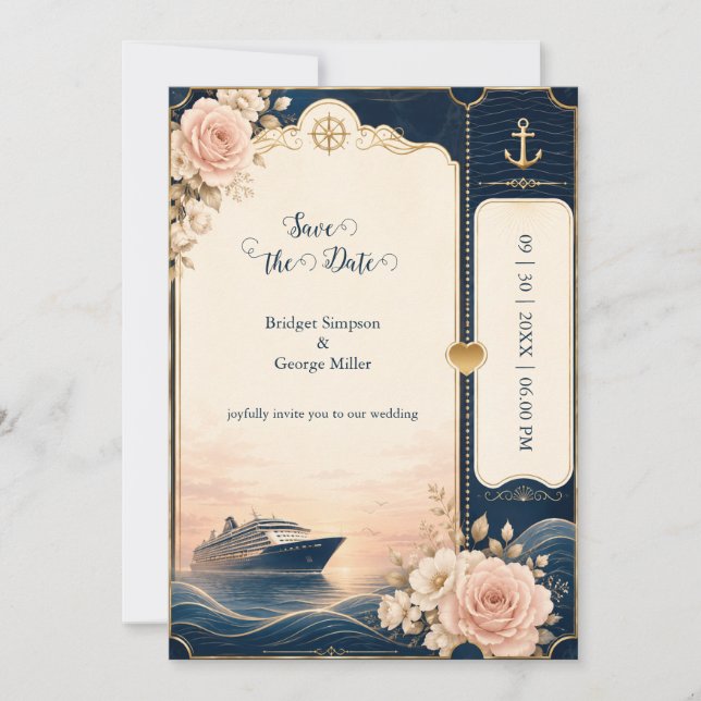 Convite Casamento Cruzeiro Romântico Viagem Rose Luxe (Frente)