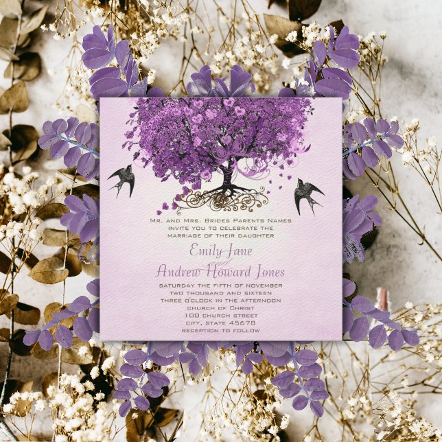 Convite Casamento da Árvore de Folha de Coração Roxo Elega (Criador carregado)