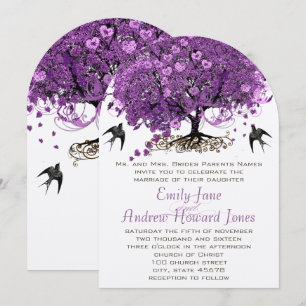 Convite Casamento da Árvore de Folha de Coração Roxo Elega