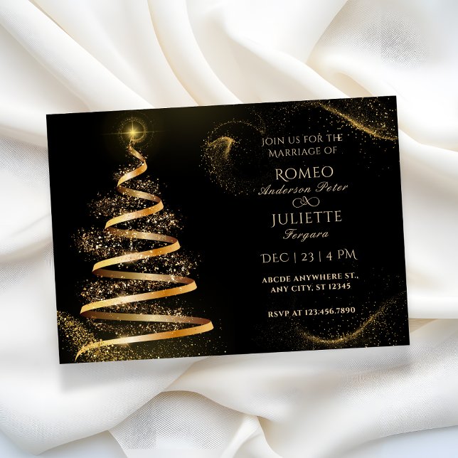 Convite casamento da árvore de natal elegante do ouro negr (Criador carregado)