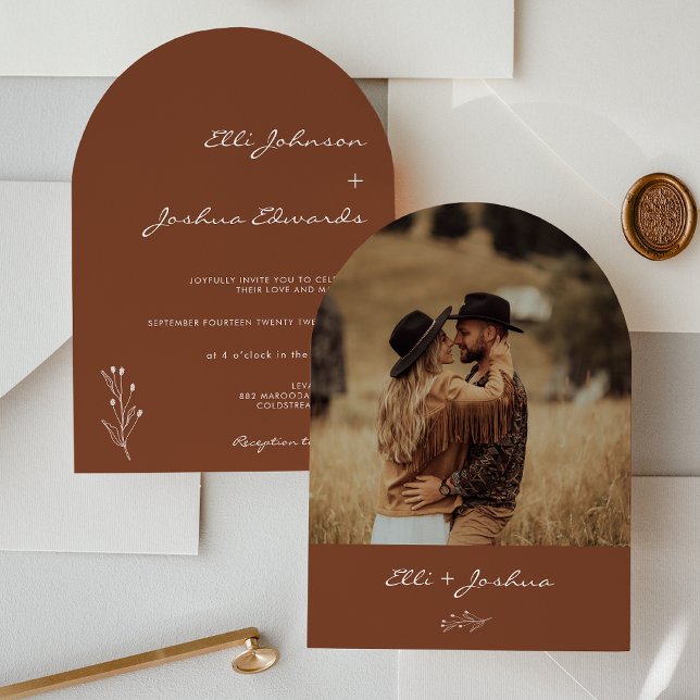 Convite Casamento da Boêmia de Terracotta Archada Minimali (Modern Terracotta Wedding Invitation, Boho Motif, Arched Terracotta Wedding Invitation, Photo Back)