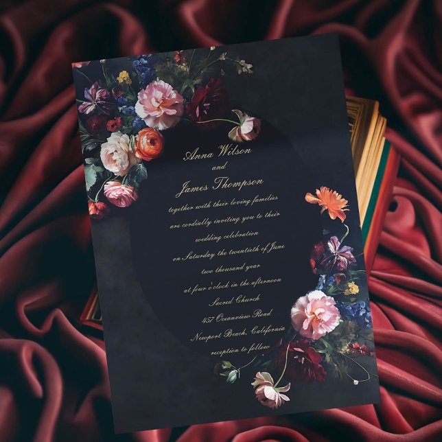 Convite Casamento da Caligrafia Floral Romântica Escura (dark romantic wedding invitation fairytale romance black navy dutch masters floral frame painting )