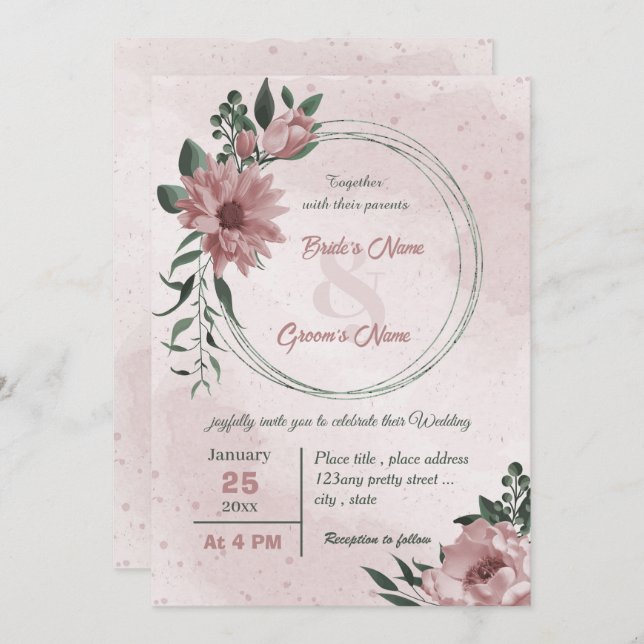 Convite casamento da coroa botânica com flores rosa (Frente/Verso)