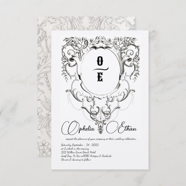 Convite Casamento da crista do Monograma Vitoriano (Frente/Verso)