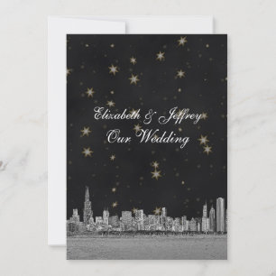 Convite Casamento da Estrela Dourada de Chicago Skyline Bl