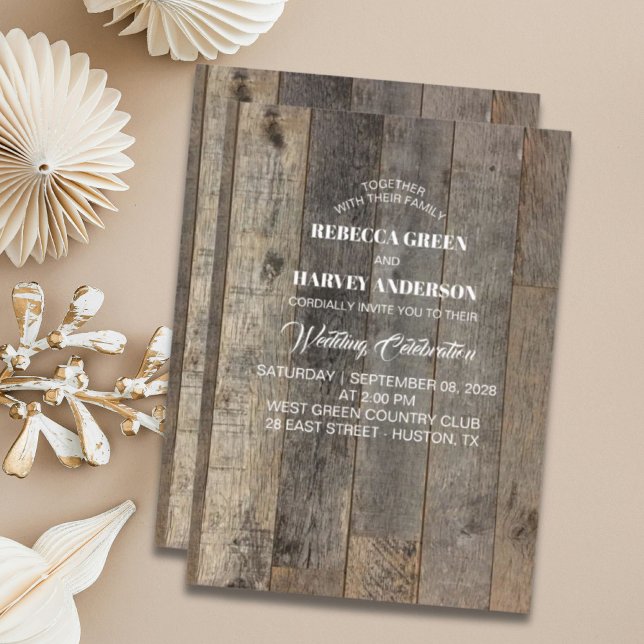 Convite casamento da farinha de madeira do país russo ocid (rustic western country woodgrain barn wedding invitation)