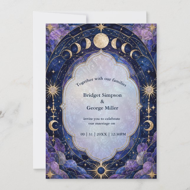 Convite Casamento da Fase da Lua Celestial em Azul Meia-No (Frente)