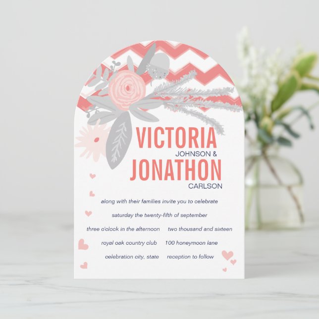 Convite Casamento Da Fauna Floral De Marinhos De Cinza Ros (Em pé/Frente)