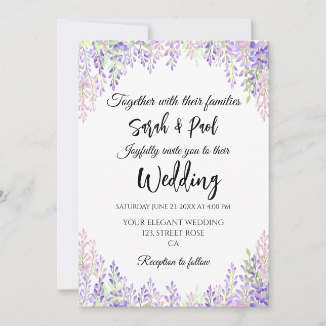 Convite Casamento da flor de wisteria roxa elegante  (Frente)