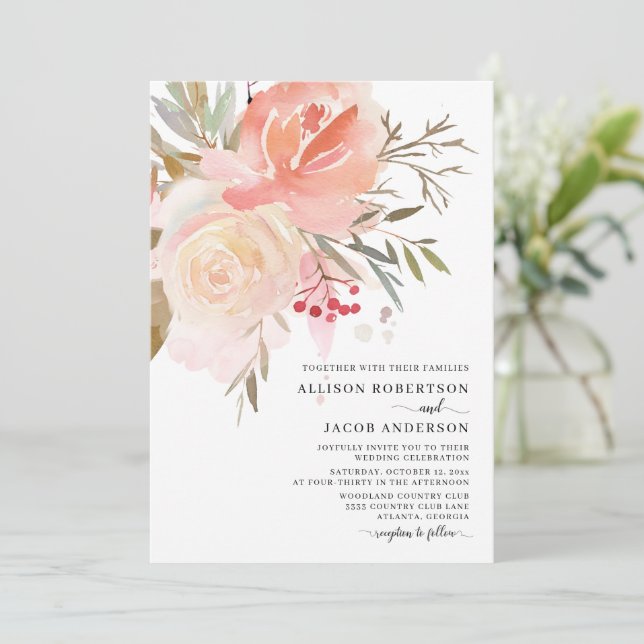 Convite Casamento Da Flor Rosa Com Blush Por Aquarela Chic (Em pé/Frente)