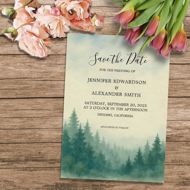 Convite Casamento da floresta de pinheiros de aquarelas Sa (Watercolor pine tree forest wedding Save the Date Invitation. For your rustic wedding.)