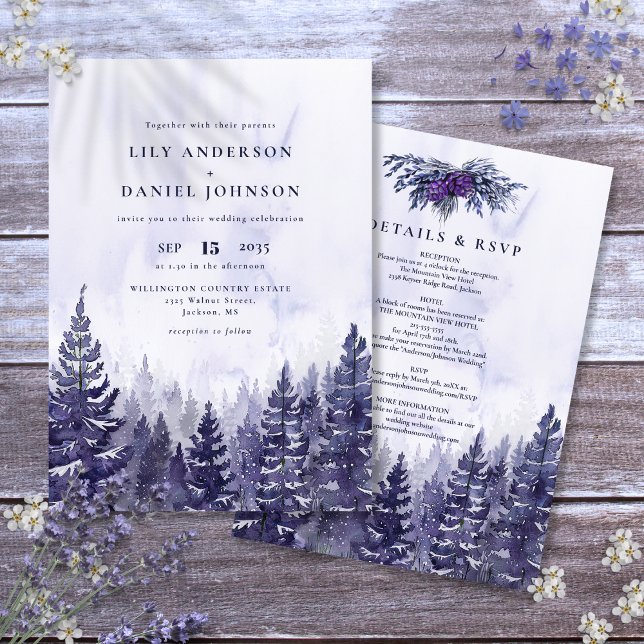Convite Casamento da Floresta de Pinheiros Roxos com Aquar (Rustic Watercolor Purple Pine Tree Forest Wedding Invitation)