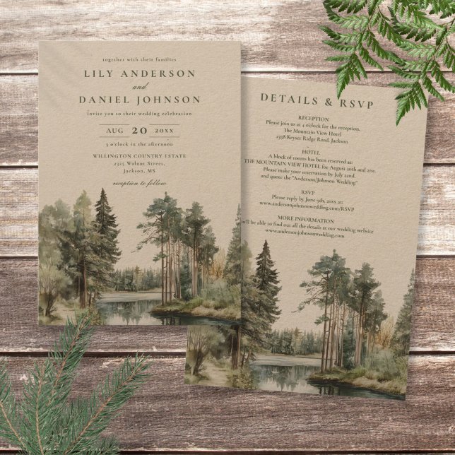 Convite Casamento Da Floresta Rustic All In One Watercolor (Rustic All In One Watercolor Lake Forest Wedding Invitation)