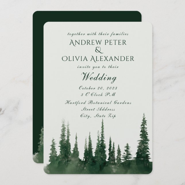 Convite Casamento da Floresta Verde Pine Evergreen (Frente/Verso)