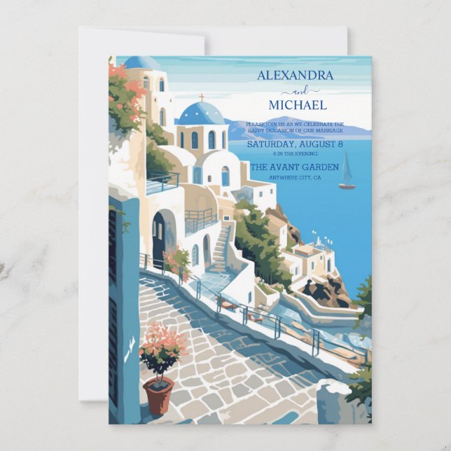 Convite Casamento da Grécia de destino Santorini (Frente)