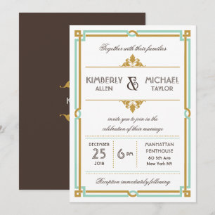 Convite Casamento da hortelã & do ouro de Deco da arte