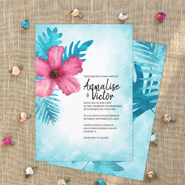 Convite Casamento da Ilha de Hibiscus, Turquesa Rosa Tropi (turquoise and pink tropical wedding invitation card, pink hibiscus flowers, Hawaiian theme)
