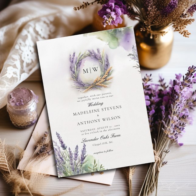 Convite Casamento da Lavanda rustica Elegante Wreath Monog (lavender wedding invitation watercolor botanical wreath monograms elegant modern romantic)