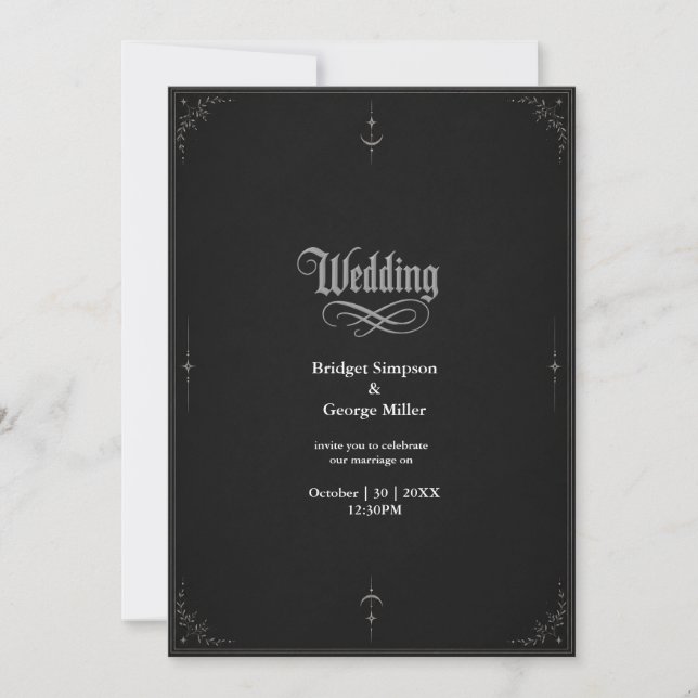 Convite casamento da lua estrela minimalista gótica preta (Frente)