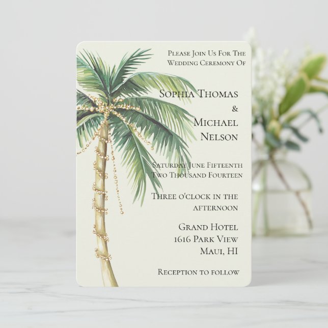 Convite Casamento da Palmeira Verde Dourada Tropical (Em pé/Frente)