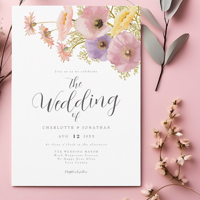 Convite Casamento da primavera de Wildflower Boho (Elegant watercolor floral script pastel pink purple yellow peach spring wedding invitation )