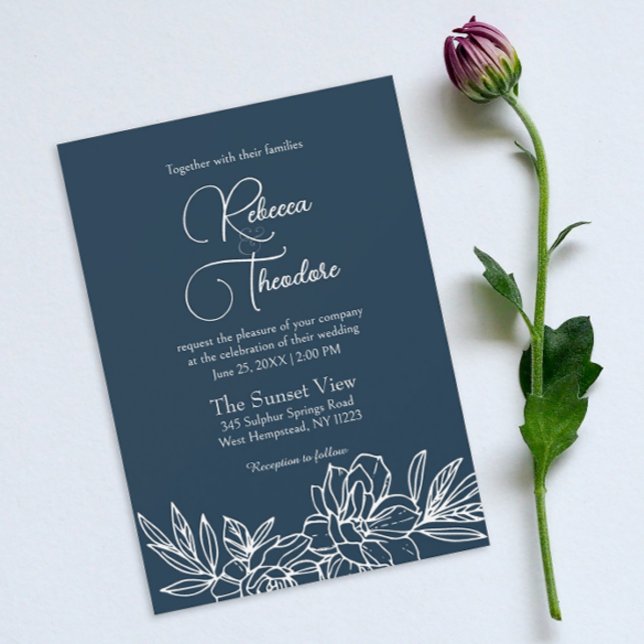 Convite Casamento da primavera Elegante Azul do Marinho Mo (
Introducing our simple floral wedding invitation, radiating elegance for your special day.)