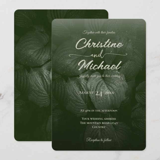 Convite Casamento da primavera elegante de folha verde (Frente/Verso)